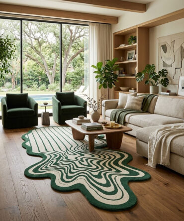 Irregular Abstract Wool Rug, Hand-Tufted Wavy Stripes, Earth Tone Mid-Century Modern Home Decor