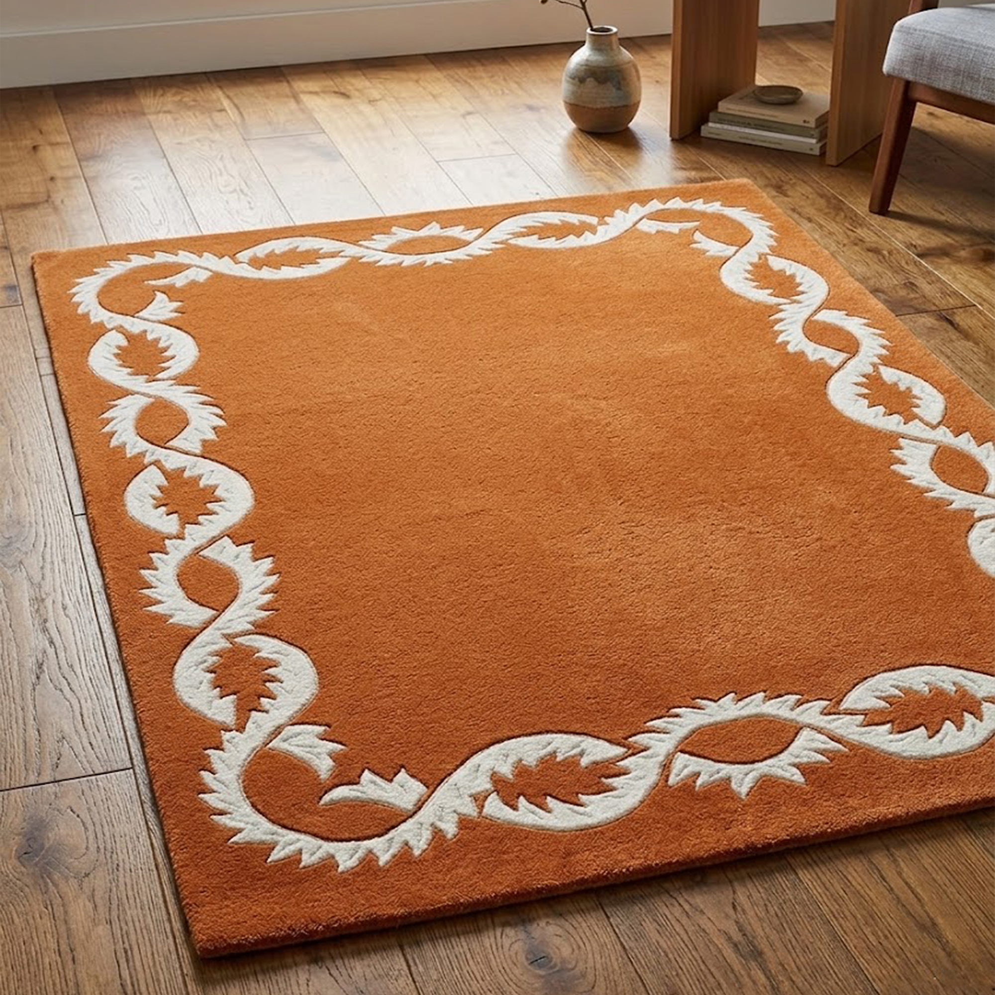 Terracotta Orange Wool Area Rug Mid Century Modern Geometric Border Carpet 3x5 5x8 8x10 Ft - Image 5