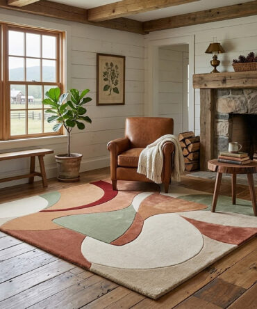 Retro 70s Abstract Geometric Tufted Rug, Mid Century Modern Earth Tone Contemporary wool