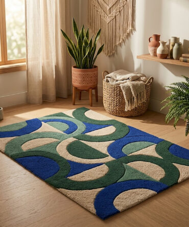 Abstract Sculpted Wave Rug, Modern Neutral Living Room Rug Hand Tufted High Pile Swirl Carpet,
