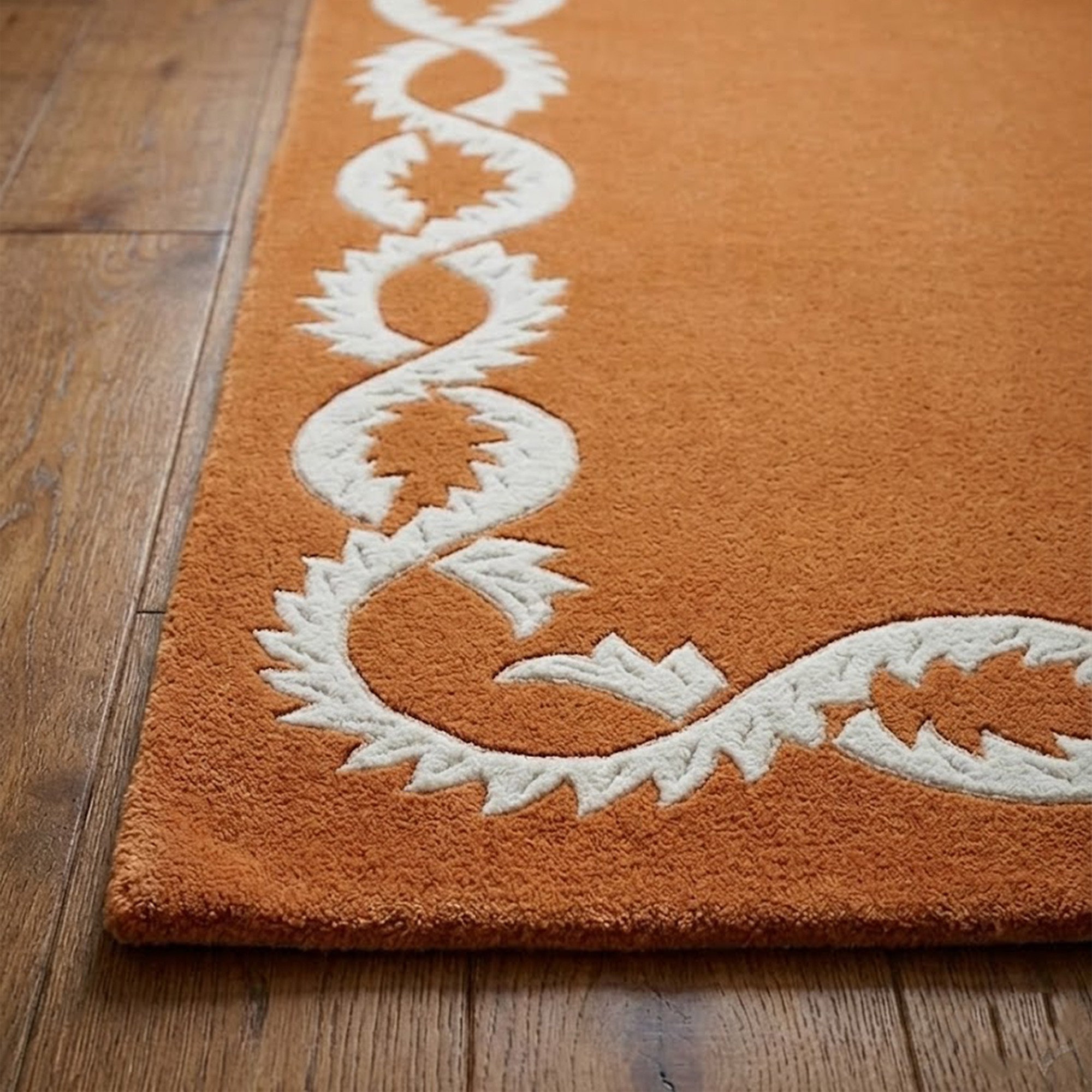 Terracotta Orange Wool Area Rug Mid Century Modern Geometric Border Carpet 3x5 5x8 8x10 Ft - Image 4