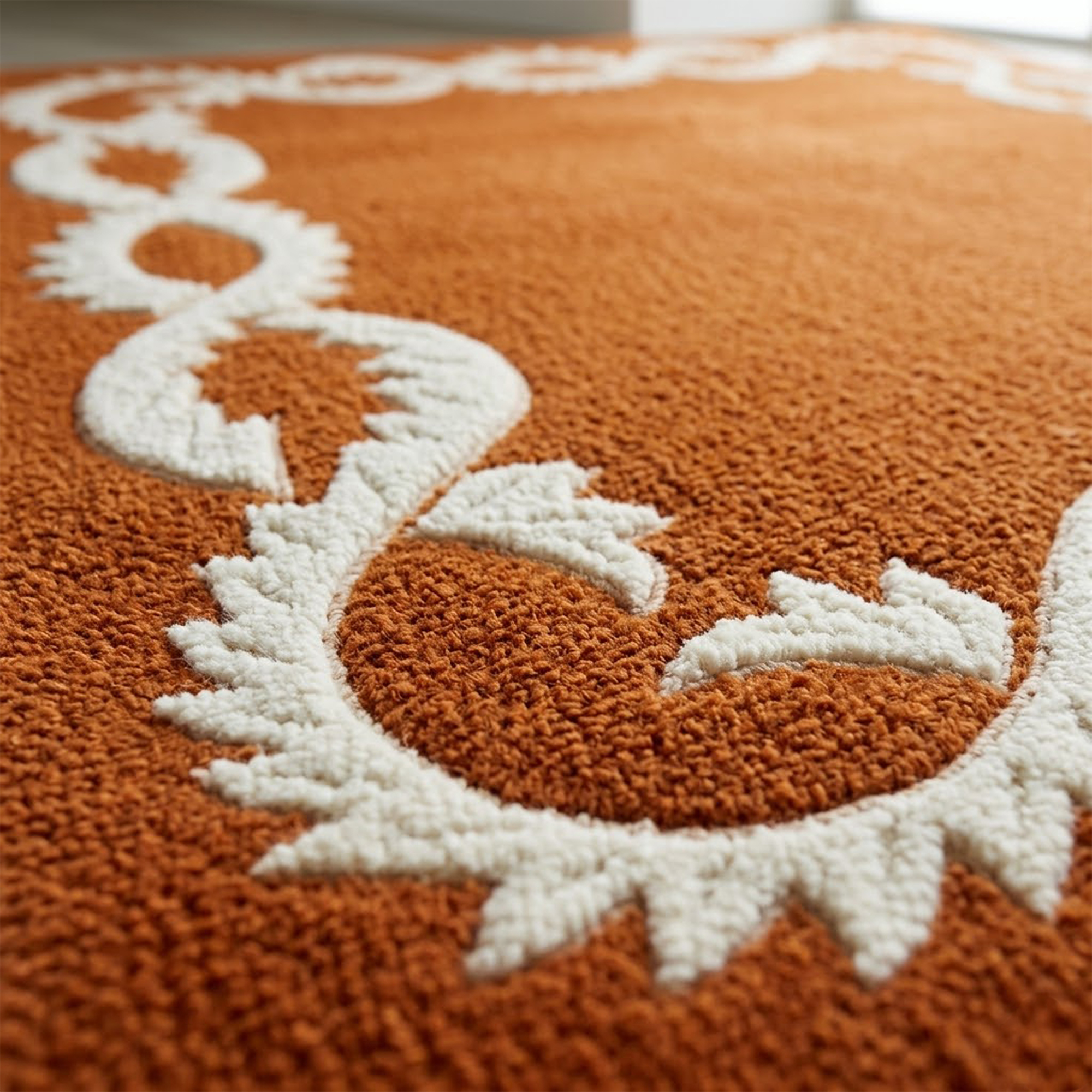 Terracotta Orange Wool Area Rug Mid Century Modern Geometric Border Carpet 3x5 5x8 8x10 Ft - Image 2