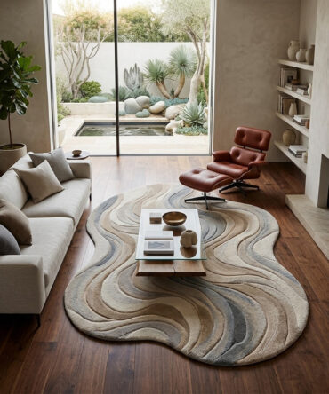 Handmade Abstract Wavy Rug, Organic Shape Living Room, Neutral Beige Grey Scandinavian Home Décor