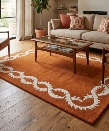 Terracotta Orange Wool Area Rug Mid Century Modern Geometric Border Carpet 3x5 5x8 8x10 Ft