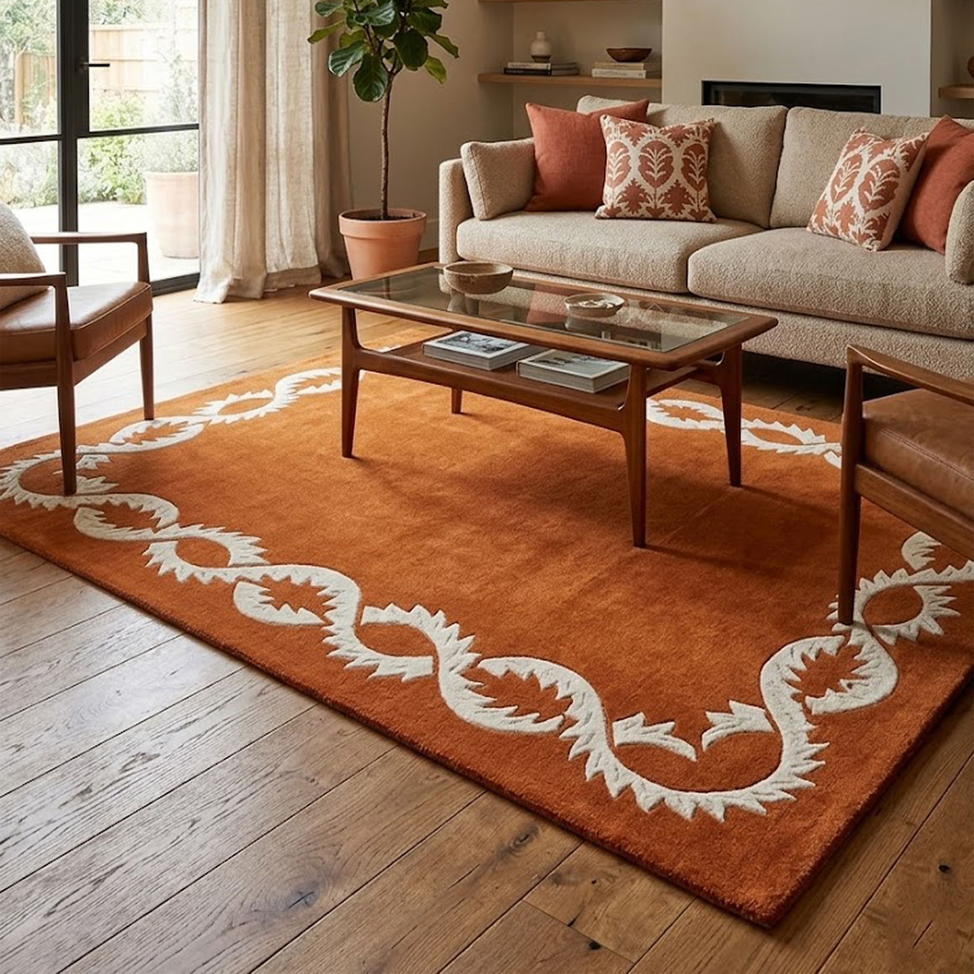 Terracotta Orange Wool Area Rug Mid Century Modern Geometric Border Carpet 3x5 5x8 8x10 Ft