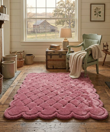 Luxury Scalloped Edge Tufted Bath Mat Soft Plush Velvet Anti-Slip Dusty Rose Accent Rug rug for living room